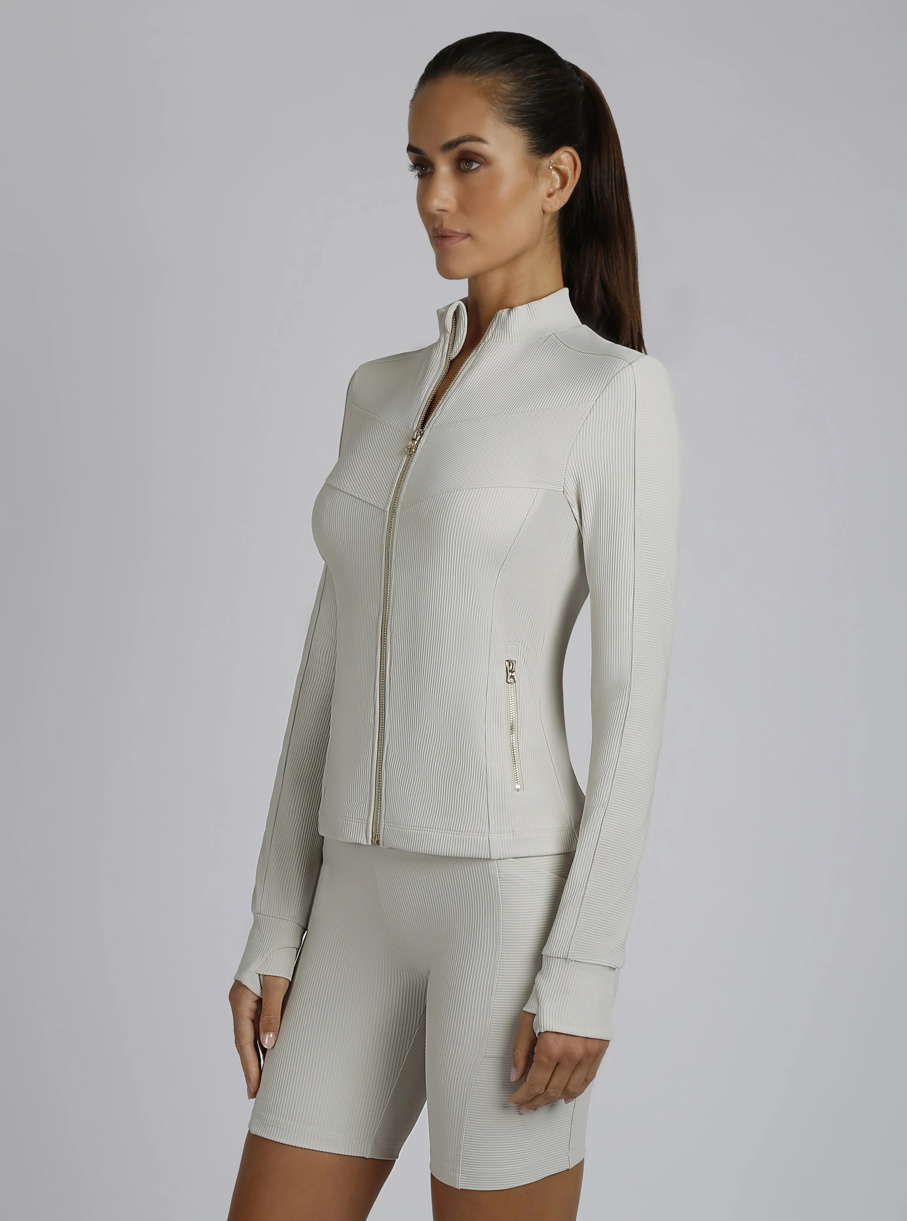$99 Directional Rib Activewear Jacket Gold Trims - WHITE OR PUMICE - Image 5