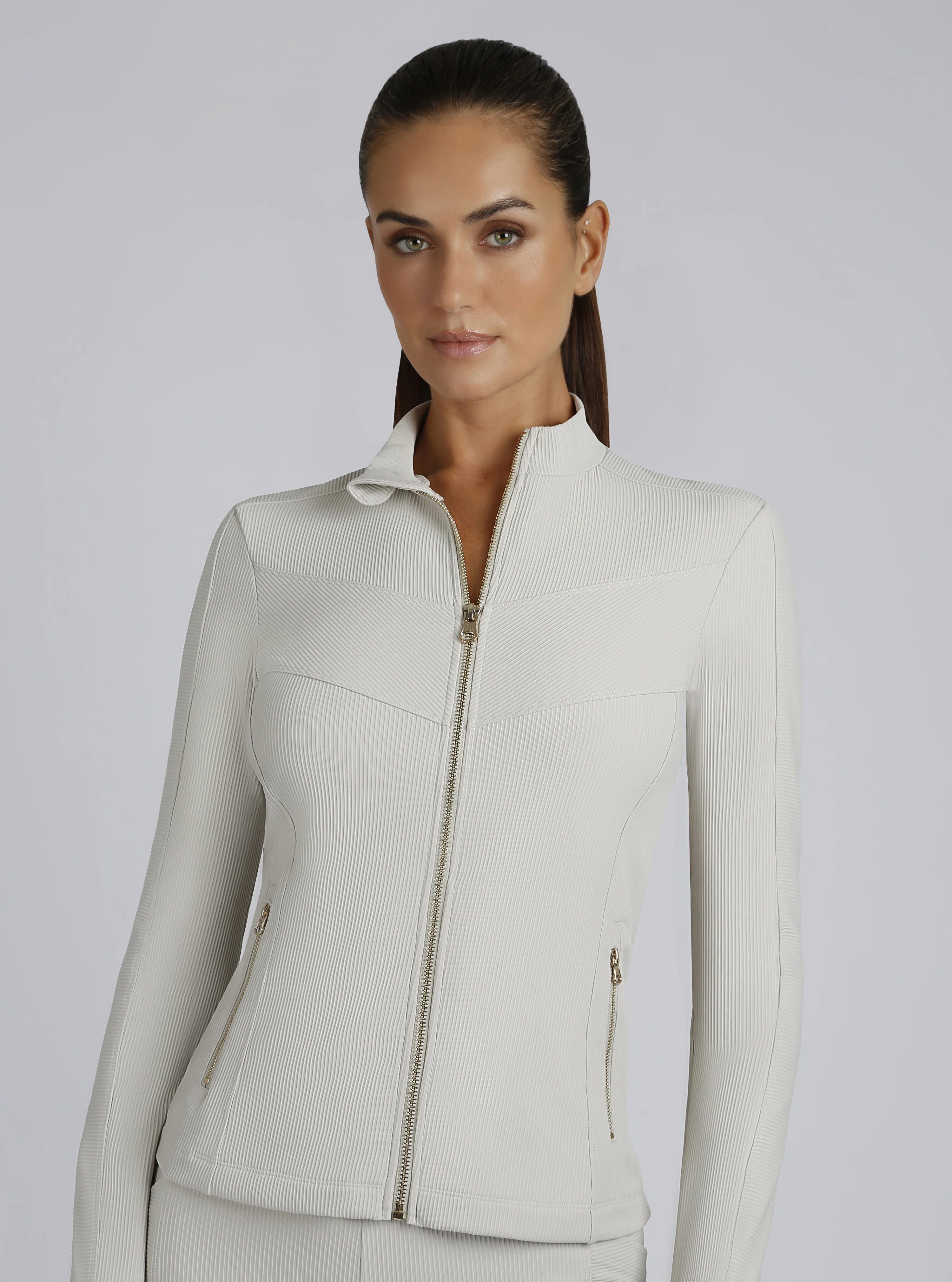 $99 Directional Rib Activewear Jacket Gold Trims - WHITE OR PUMICE - Image 6