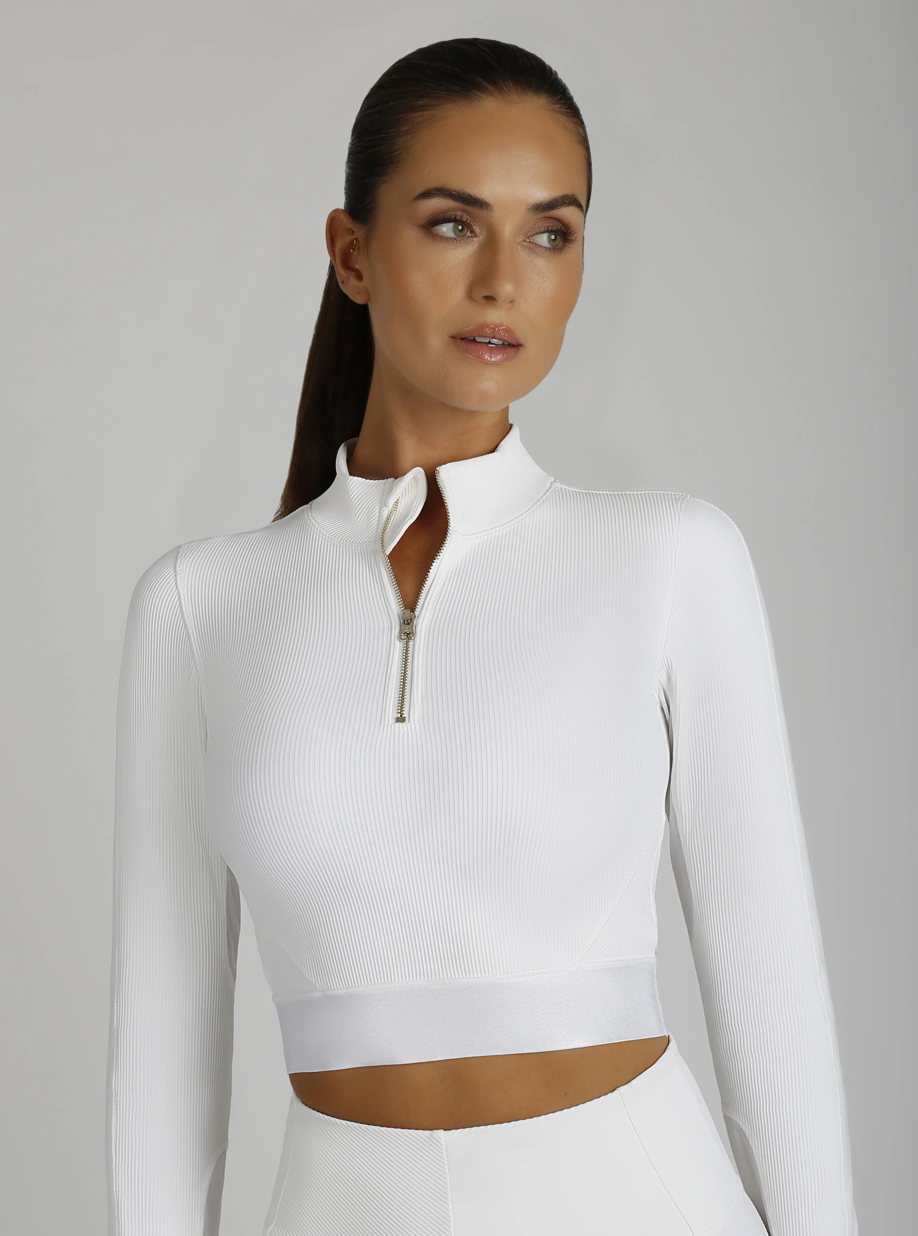 $99 Directional Rib Gold Trims Zip Neck Top: Optic White or Pumice FINAL SALE - Image 4