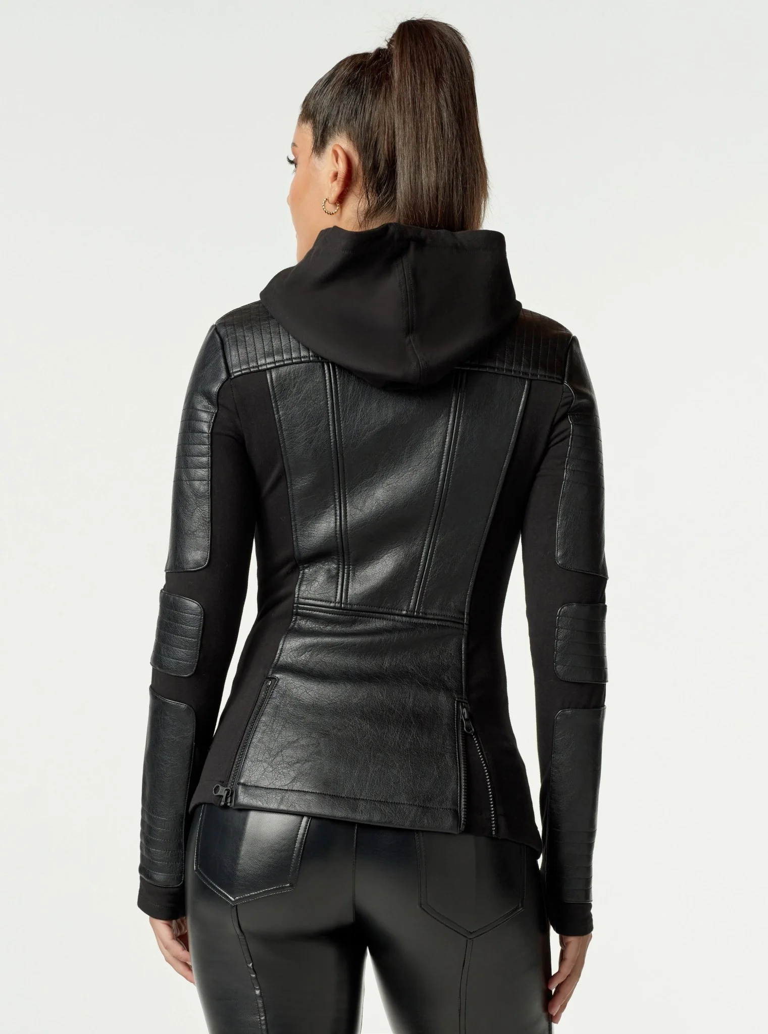 Asym Vegan Leather Hooded Moto - Black Bonded Stretch French Terry - Image 12