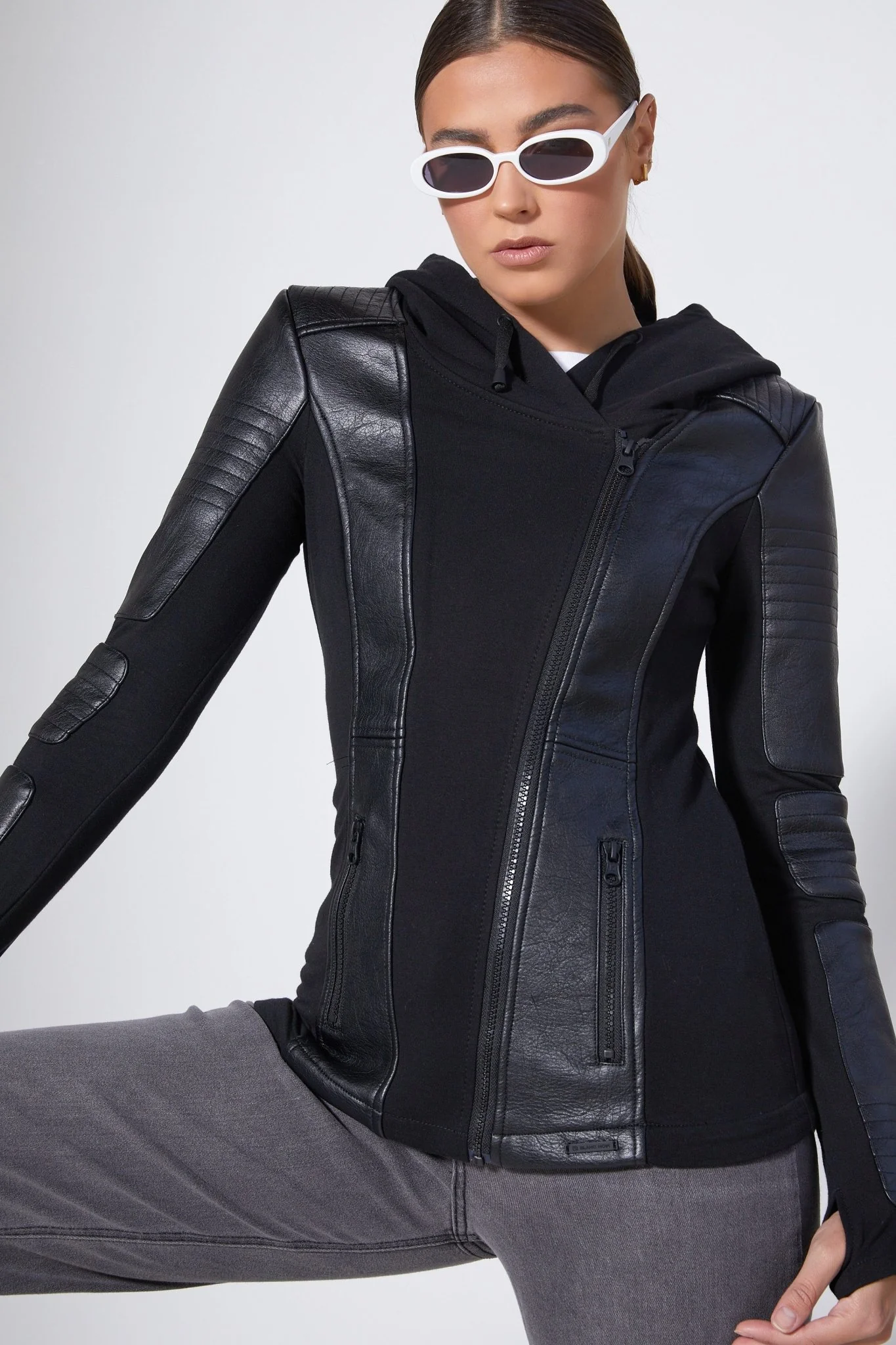 Asym Vegan Leather Hooded Moto - Black Bonded Stretch French Terry - Image 9