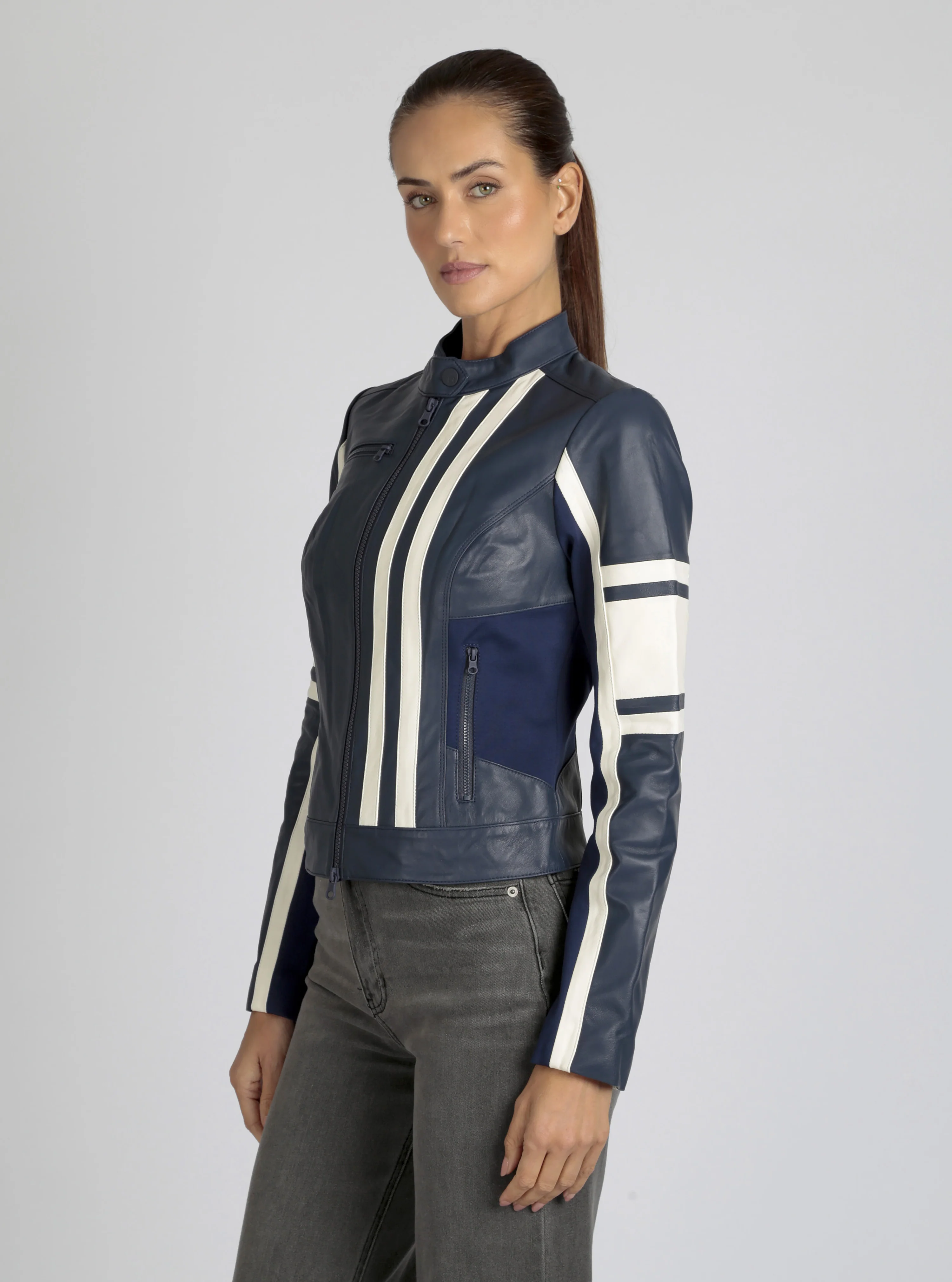 Claudine Genuine Leather Racer Stripe Moto Jacket - Image 2