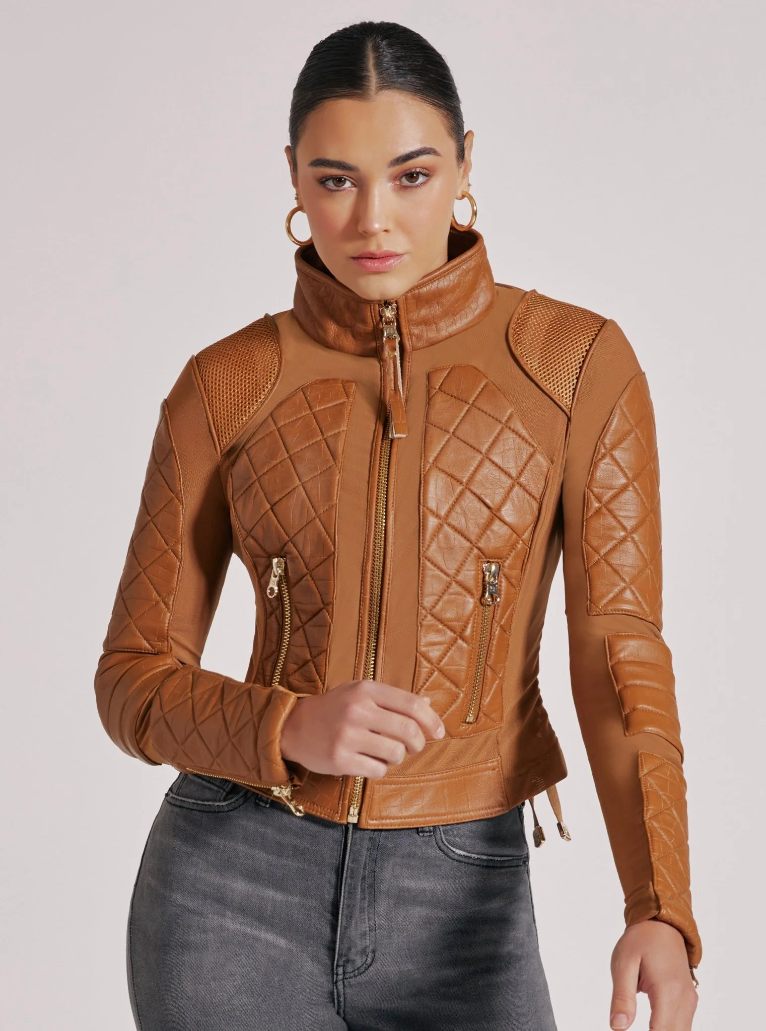Textured Leather Mesh Moto Jacket - FINAL SALE Gold Trims and Brown Croc - Image 2